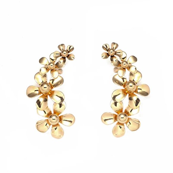 Gold Floral Four Tier Flower Climber Statement Earrings NEW - Picture 5 of 6